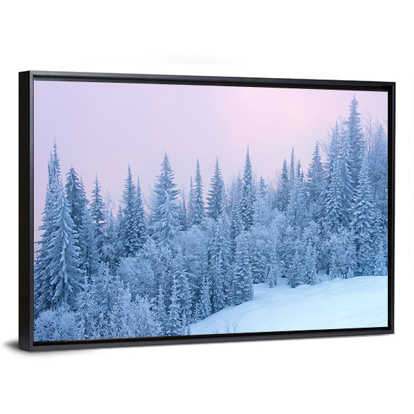 Winter Forest At The Sunset With Fog Canvas Wall Art