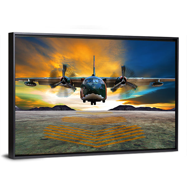 Twin-engine Military Transport at Golden Hour Canvas Wall Art