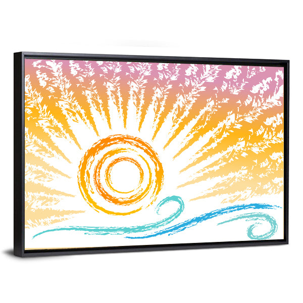 Stylized Sun and Ocean Waves Canvas Wall Art
