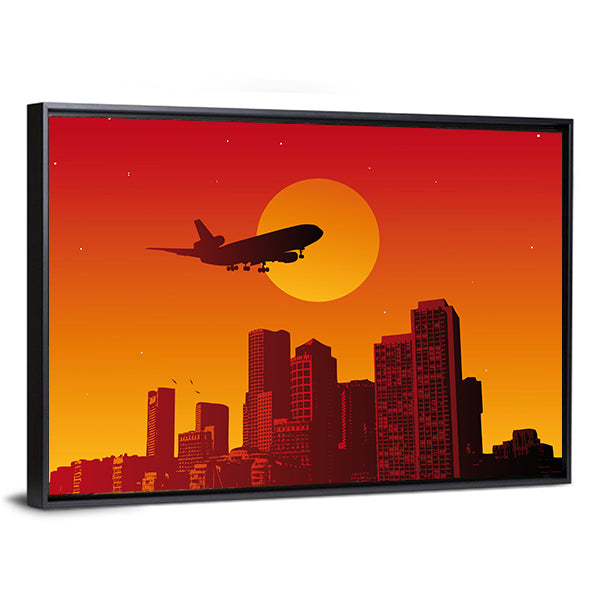 Airplane with Landing Gear Over Sunset City Canvas Wall Art