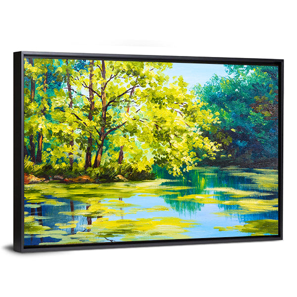 Sunlit Forest Lake Canvas Wall Art