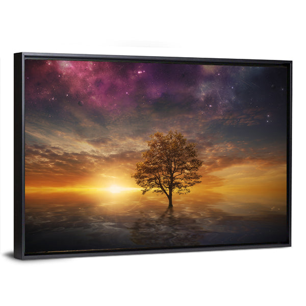 Surreal Tree Over Lake at Sunset Canvas Wall Art
