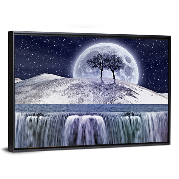 Winter Moonlight Landscape with Waterfall Canvas Wall Art