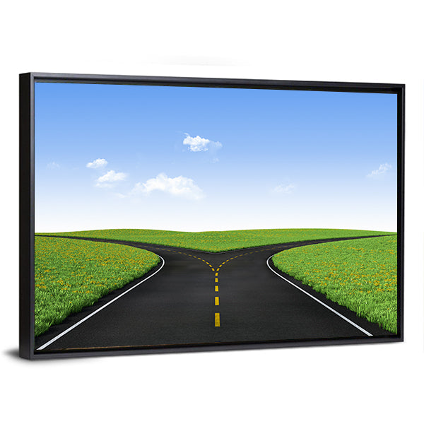 Forked Road in Sunlit Meadows Canvas Wall Art