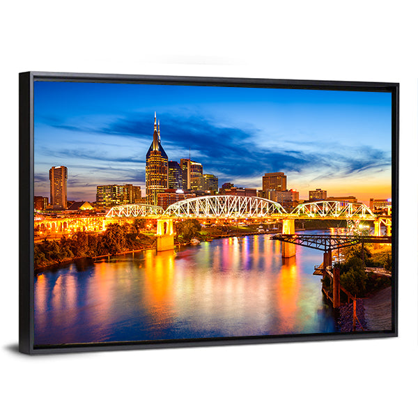 Nashville Skyline with Pedestrian Bridge at Dusk Canvas Wall Art