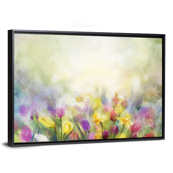 Watercolor Daffodil and Tulip Meadow Canvas Wall Art