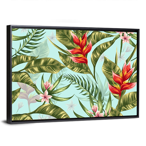 Tropical Heliconia and Plumeria Pattern Canvas Wall Art
