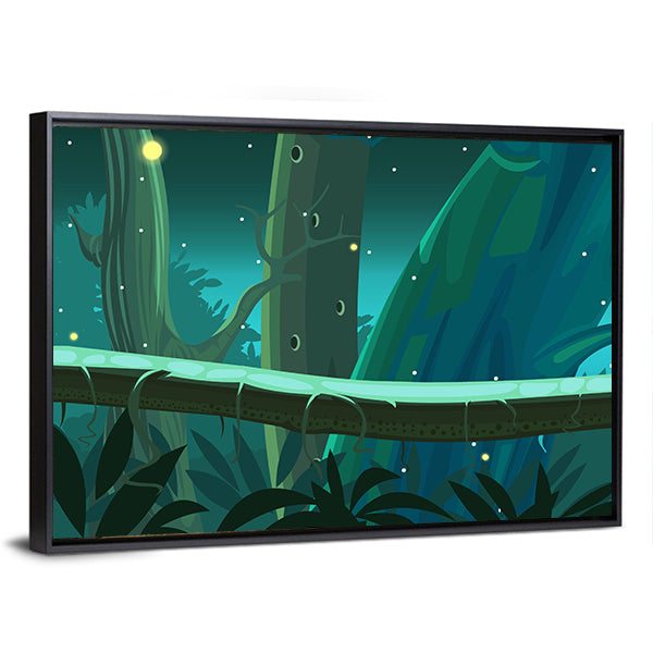 Mossy Tree Trunk with Glowing Fireflies Canvas Wall Art