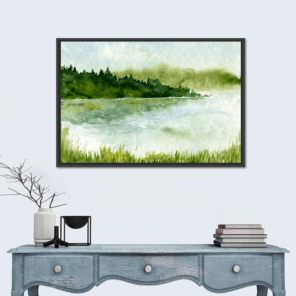 Watercolor River and Spruce Forest Canvas Wall Art