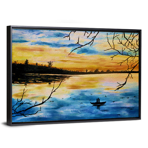 Lovers in a Boat at Sunset Canvas Wall Art
