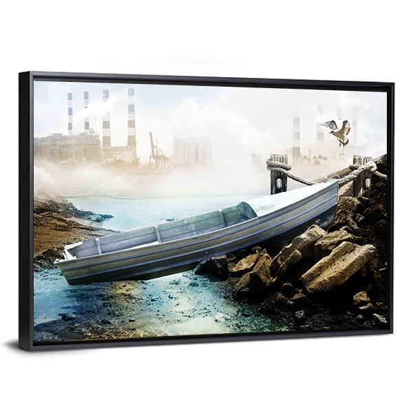 Weathered Boat at Industrial Shoreline Canvas Wall Art