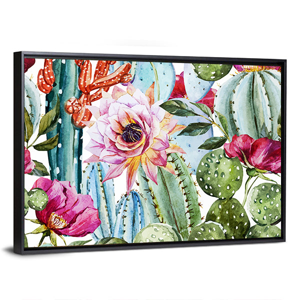 Watercolor Cactus Pattern with Pink Blooms Canvas Wall Art