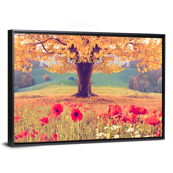 Red Poppies and Golden Tree Canvas Wall Art