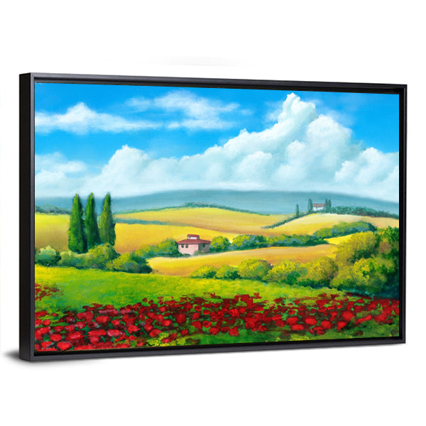 Tuscan Poppy Field with Cypress Trees Canvas Wall Art
