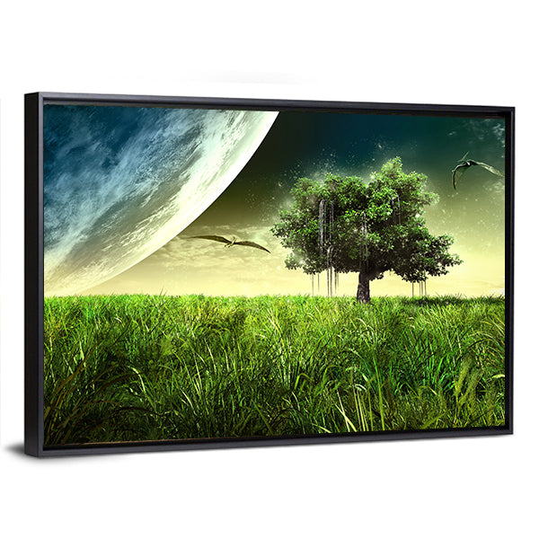 Green Meadow with Pterodactyls Canvas Wall Art