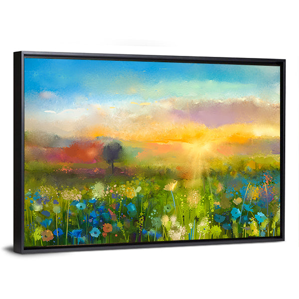 Sunset Over Wildflower Meadow Canvas Wall Art