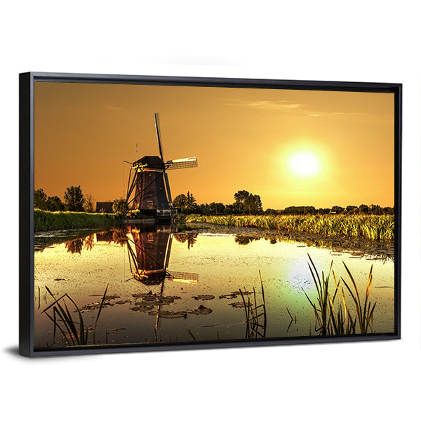Kinderdijk Windmill at Golden Sunrise Canvas Wall Art