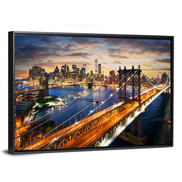Manhattan Bridge and Skyline at Dusk Canvas Wall Art