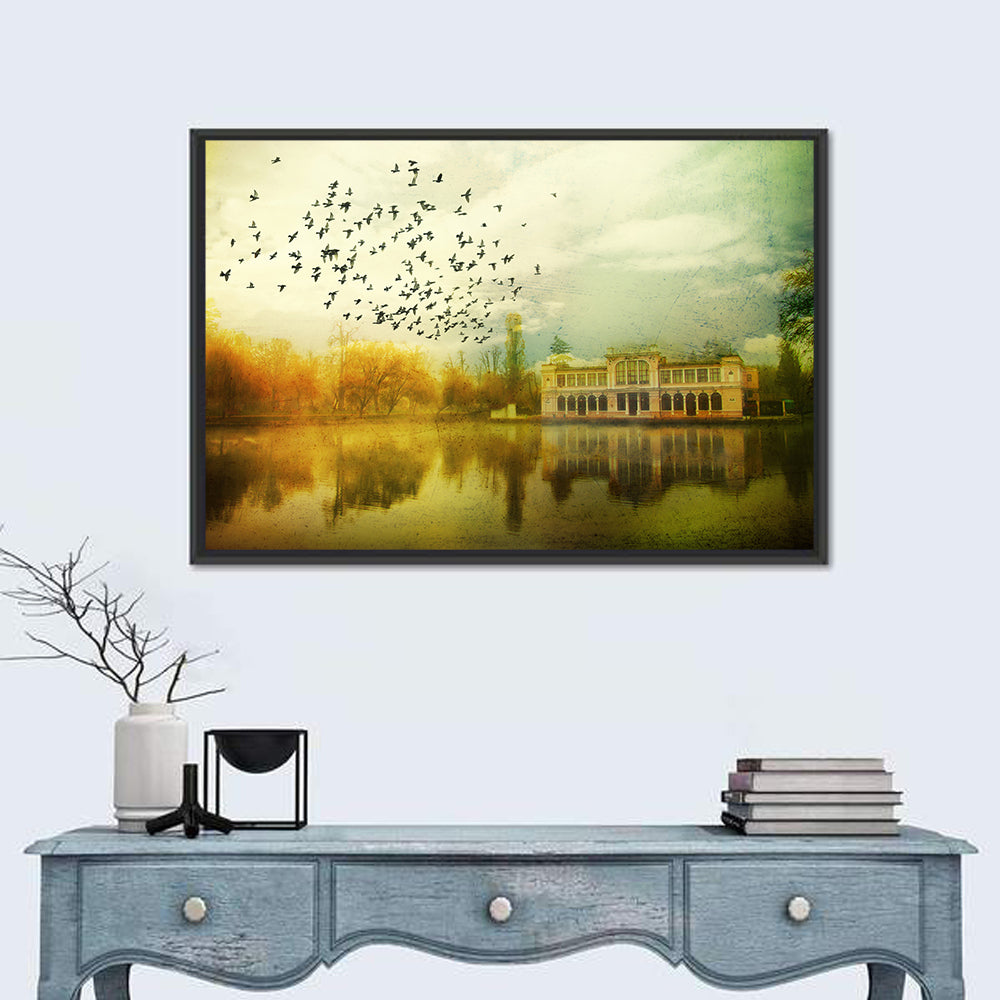 Flock Over Vintage Lakeside Mansion Canvas Wall Art