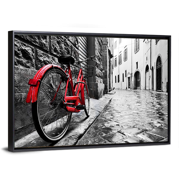 Red Bicycle on Cobblestone Street Canvas Wall Art