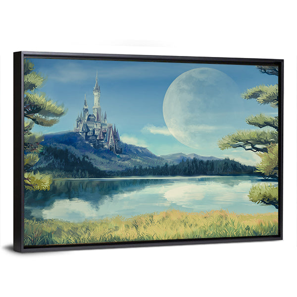 Gothic Castle by Moonlit Lake Canvas Wall Art