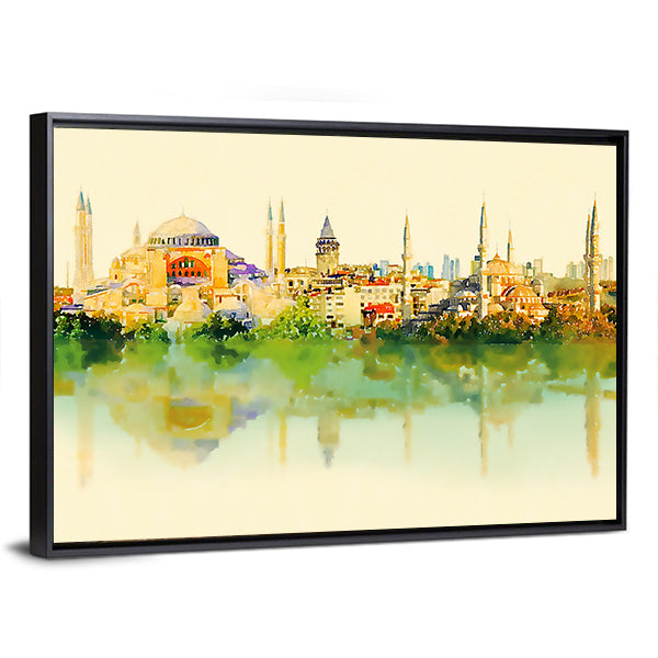 Istanbul Watercolor Skyline with Hagia Sophia Reflection Canvas Wall Art