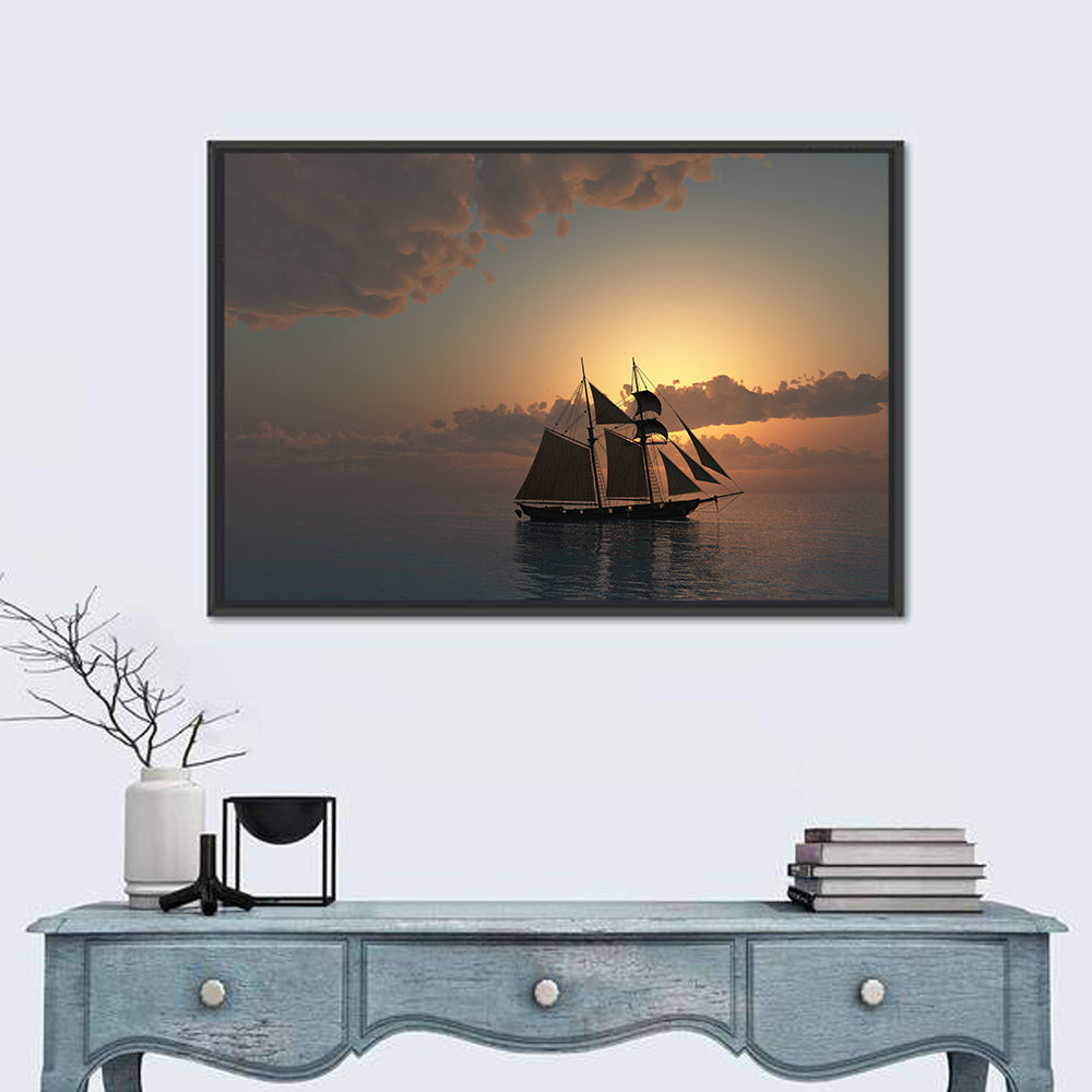 Schooner at Sunset on the Sea Canvas Wall Art