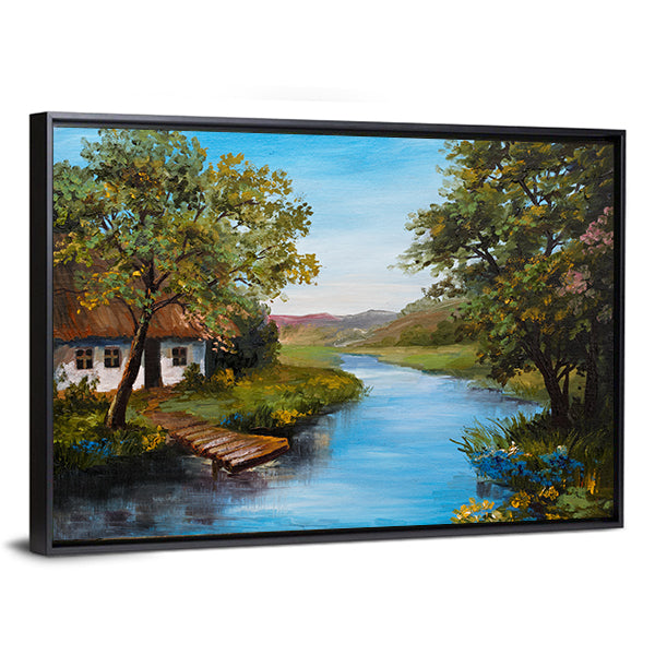 Thatched Cottage by the River Canvas Wall Art