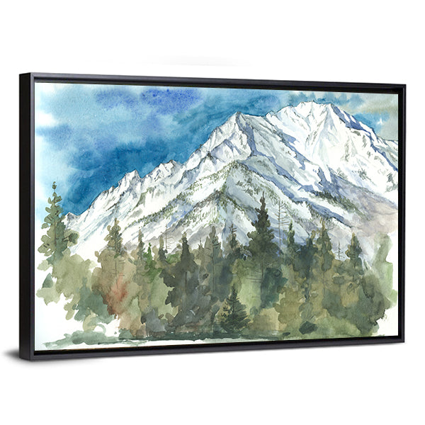 Watercolor Snow-capped Mountain and Forest Canvas Wall Art