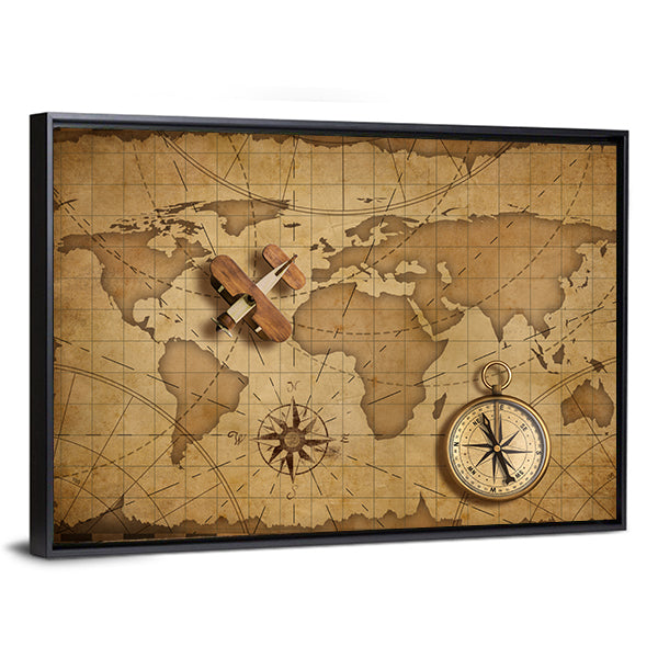 Small Wood Airplane Over World Nautical Map Canvas Wall Art