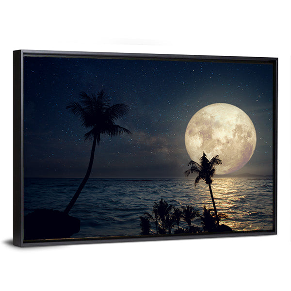 Tropical Beach Under Full Moon Canvas Wall Art