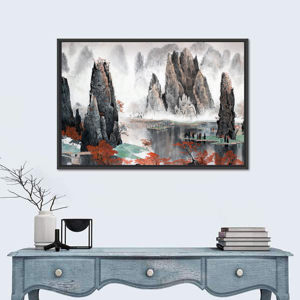 Misty Chinese Mountains with Red Autumn Trees Canvas Wall Art