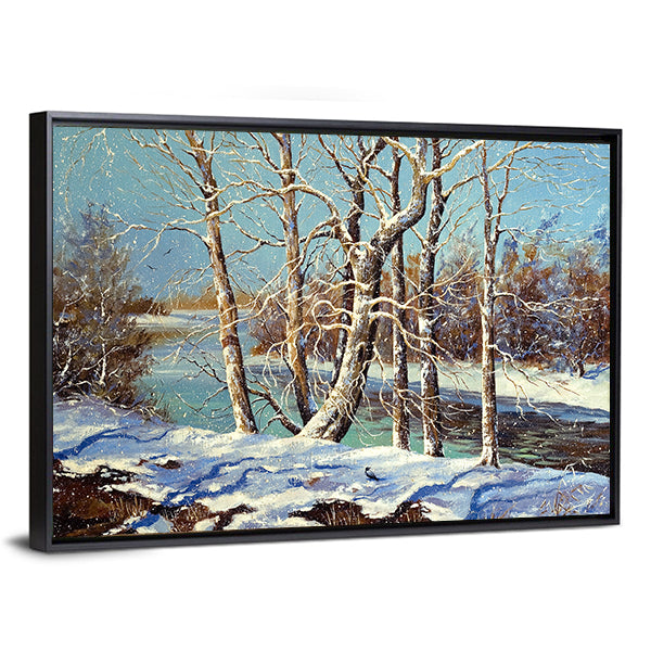 Winter River with Snowy Bank Canvas Wall Art
