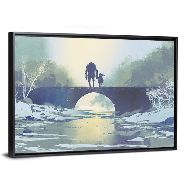 Robot and Child on Snowy Bridge Canvas Wall Art