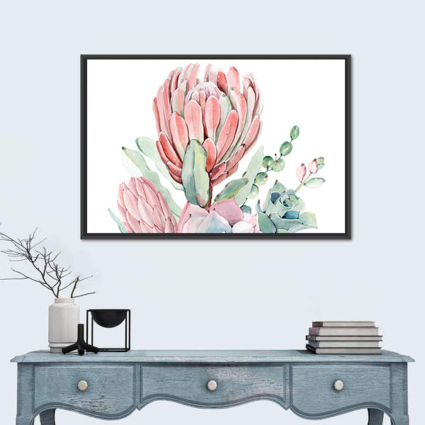 Vintage Protea and Succulents Bouquet Canvas Wall Art