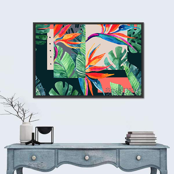 Watercolor Exotic Flowers and Tropical Leaves Canvas Wall Art