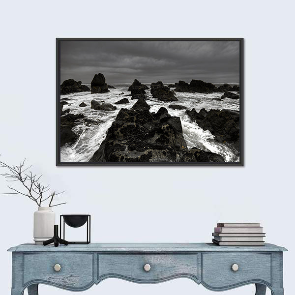 Crashing Waves on Rocky Coastline Canvas Wall Art