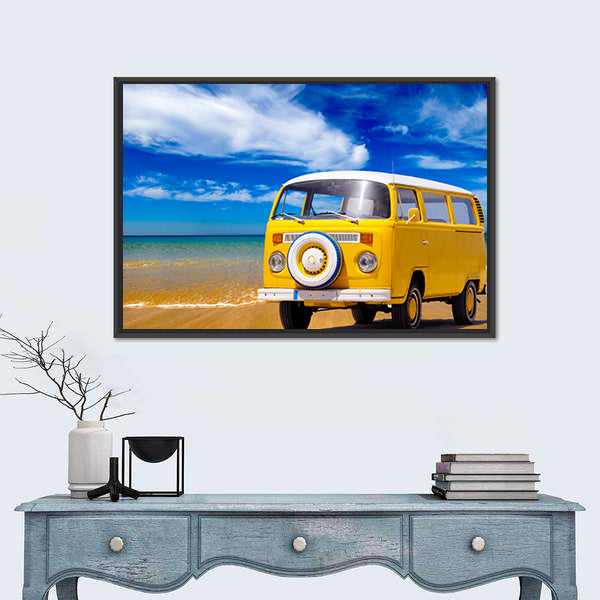 Yellow Vintage Van on Sandy Beach Canvas Wall Art