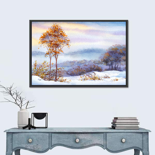 Snow Covered Valley with Orange Trees Canvas Wall Art