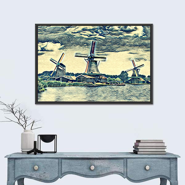 Vintage Dutch Windmills Landscape Canvas Wall Art