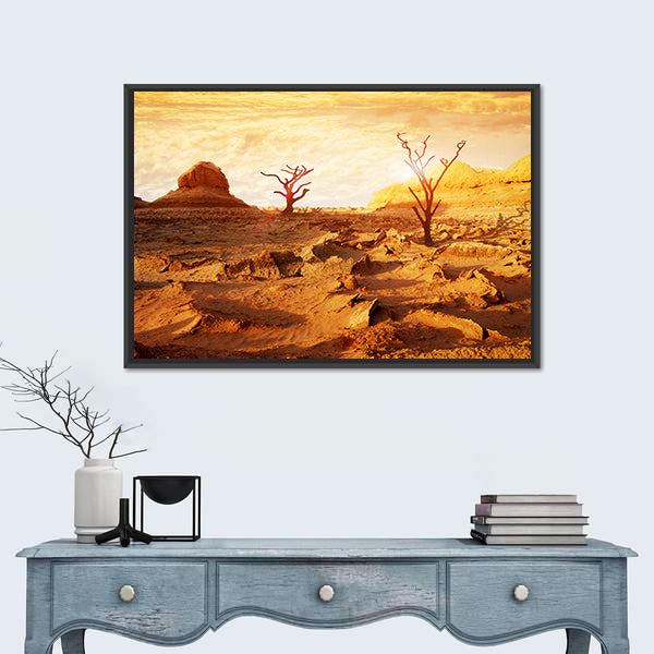 Sunset Over Dry Desert Canvas Wall Art