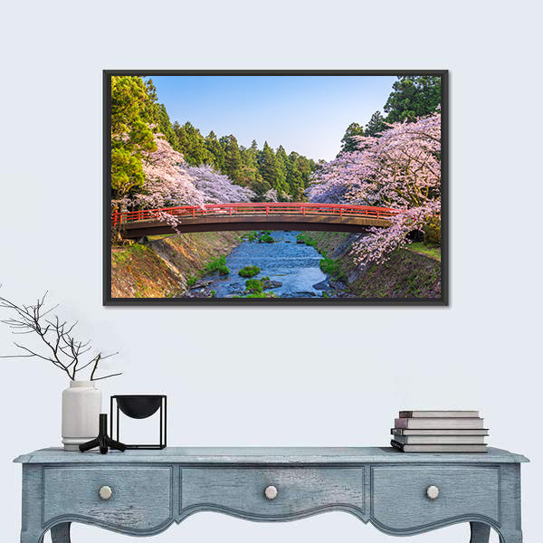Cherry Blossoms Over Red Arched Bridge Canvas Wall Art