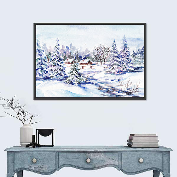 Scenic Winter Village Landscape Canvas Wall Art