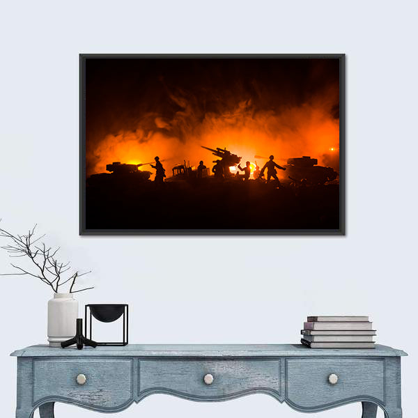 Soldier Silhouettes with Tanks and Anti-aircraft Canvas Wall Art