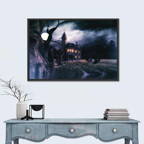 Moonlit Haunted Victorian Mansion Canvas Wall Art