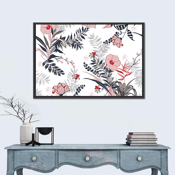 Hibiscus and Tropical Leaves Pattern Canvas Wall Art