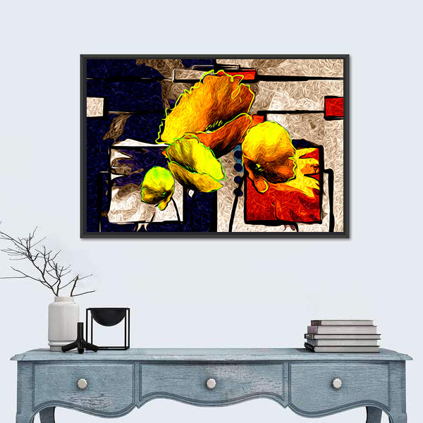 Yellow Poppy Abstract with Geometric Background Canvas Wall Art