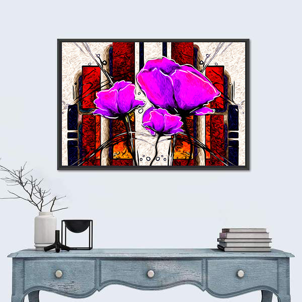 Oil Painted Purple Poppies with Geometric Background Canvas Wall Art