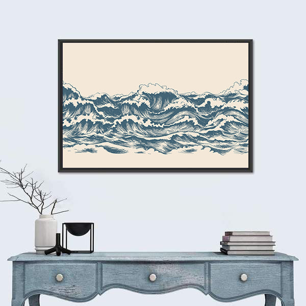 Ocean Waves Woodblock Sketch Canvas Wall Art