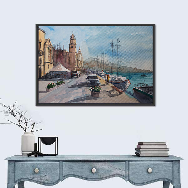 Harbor Town Sketch with Clock Tower Canvas Wall Art
